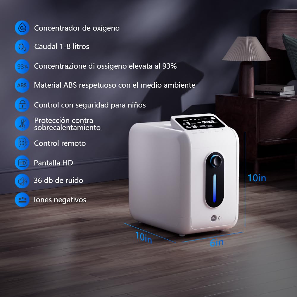 Concentrador de oxígeno, concentrador de oxígeno 1-8/min con mando a distancia, seguro para niños, adecuado para el hogar y los viajes