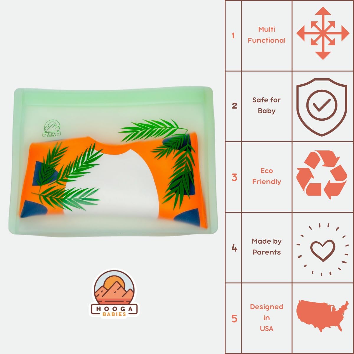 Hooga Babies Silicone Baby Bib & Reusable Silicone Bag | Eco-Friendly | Cute Design | Unisex, Orange Bib and Green Bag, One Size Fits All