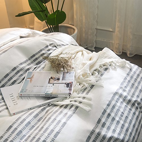Merryfeel Cotton Duvet Cover Set Queen Size,100% Cotton Yarn Dyed Jacqaurd Textured Striped Duvet Cover And Pillowshams Grey Color,3 Pieces Bedding Set #TOP3
