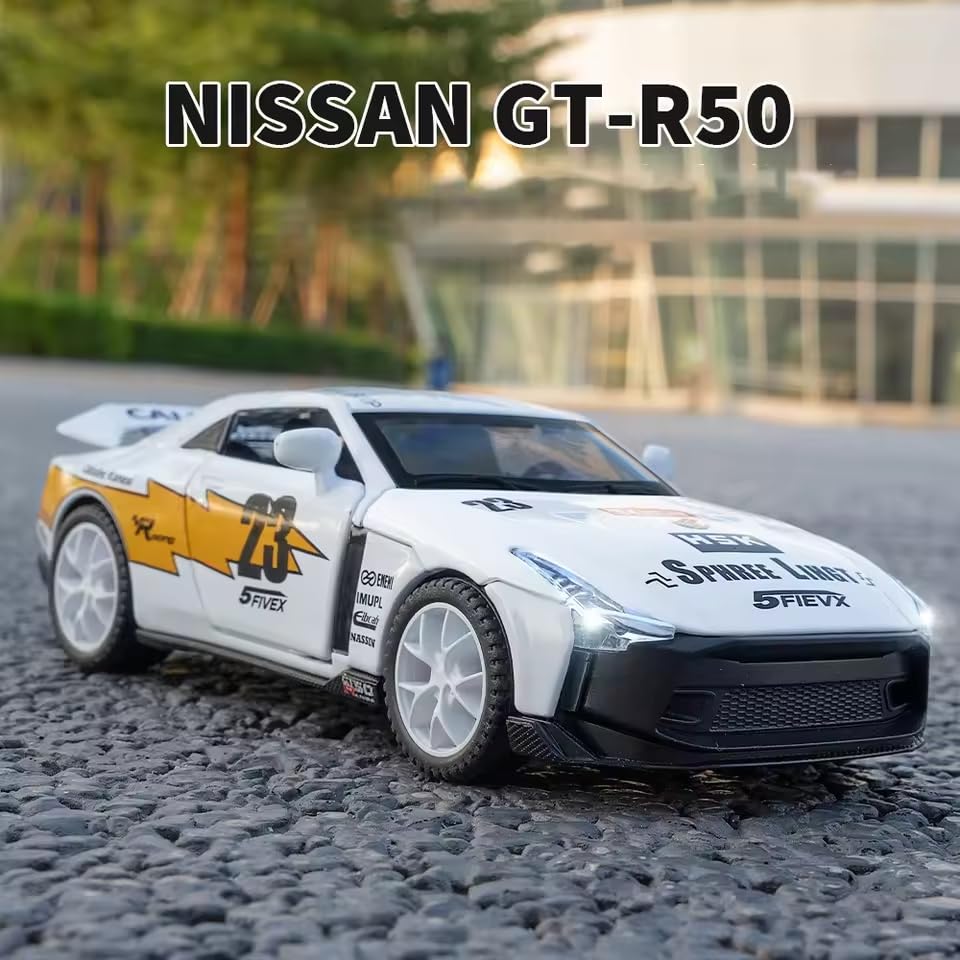Image of Alokik Enterprise 1:32 Nissan GTR50 Sport Diecast Metal Pull Back Car with 2 Openable Doors with Lights & Sound Toy Decoration, Showpiece Car Best Gift Toys for Kids 【White】