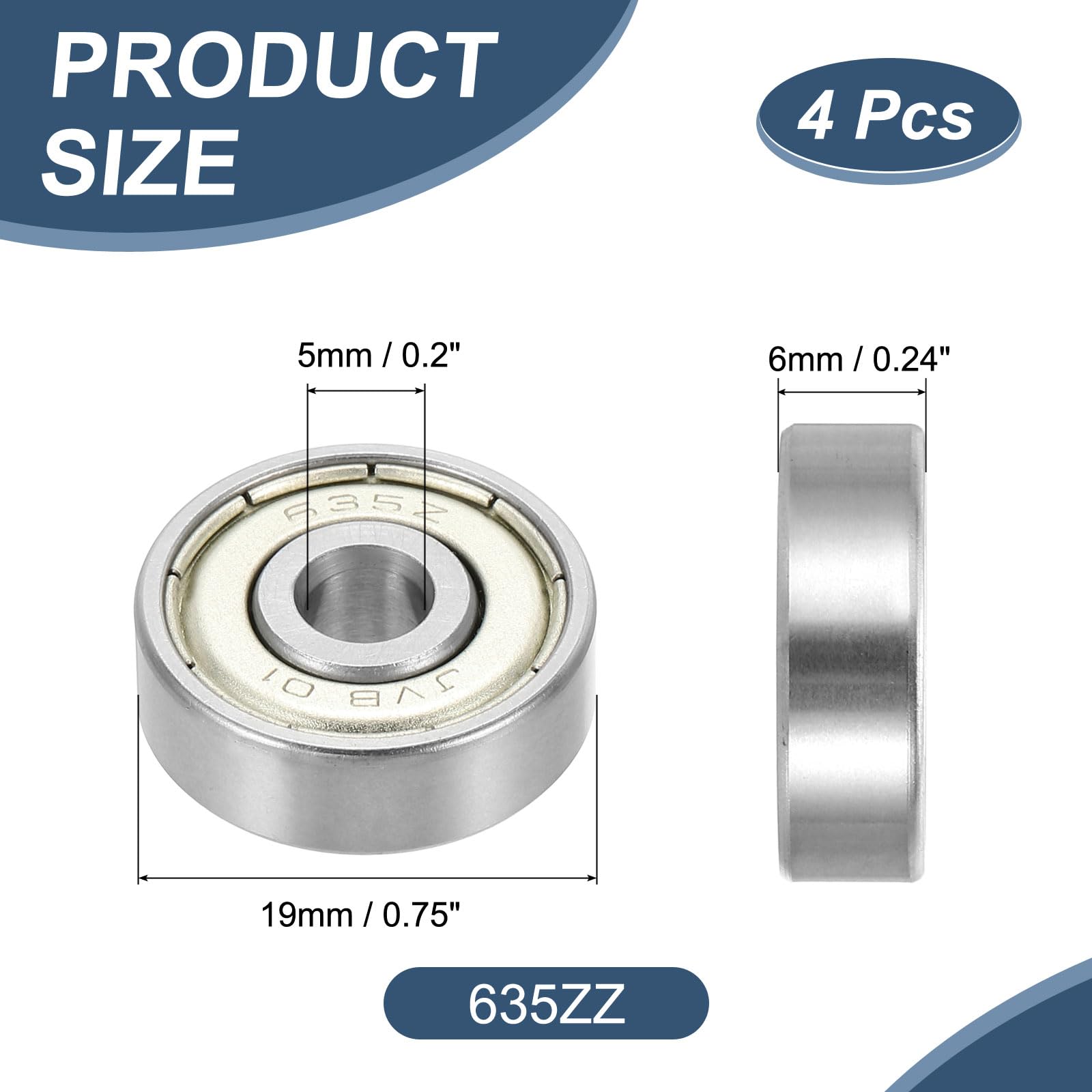 QUARKZMAN 4 sztuki 635ZZ łożysko kulkowe zwykłe 5 x 19 x 6 mm, stal chromowana, dwustronnie uszczelnione łożysko do silników elektrycznych, urządzeń gospodarstwa domowego, sprzętu ogrodowego (ABEC5)