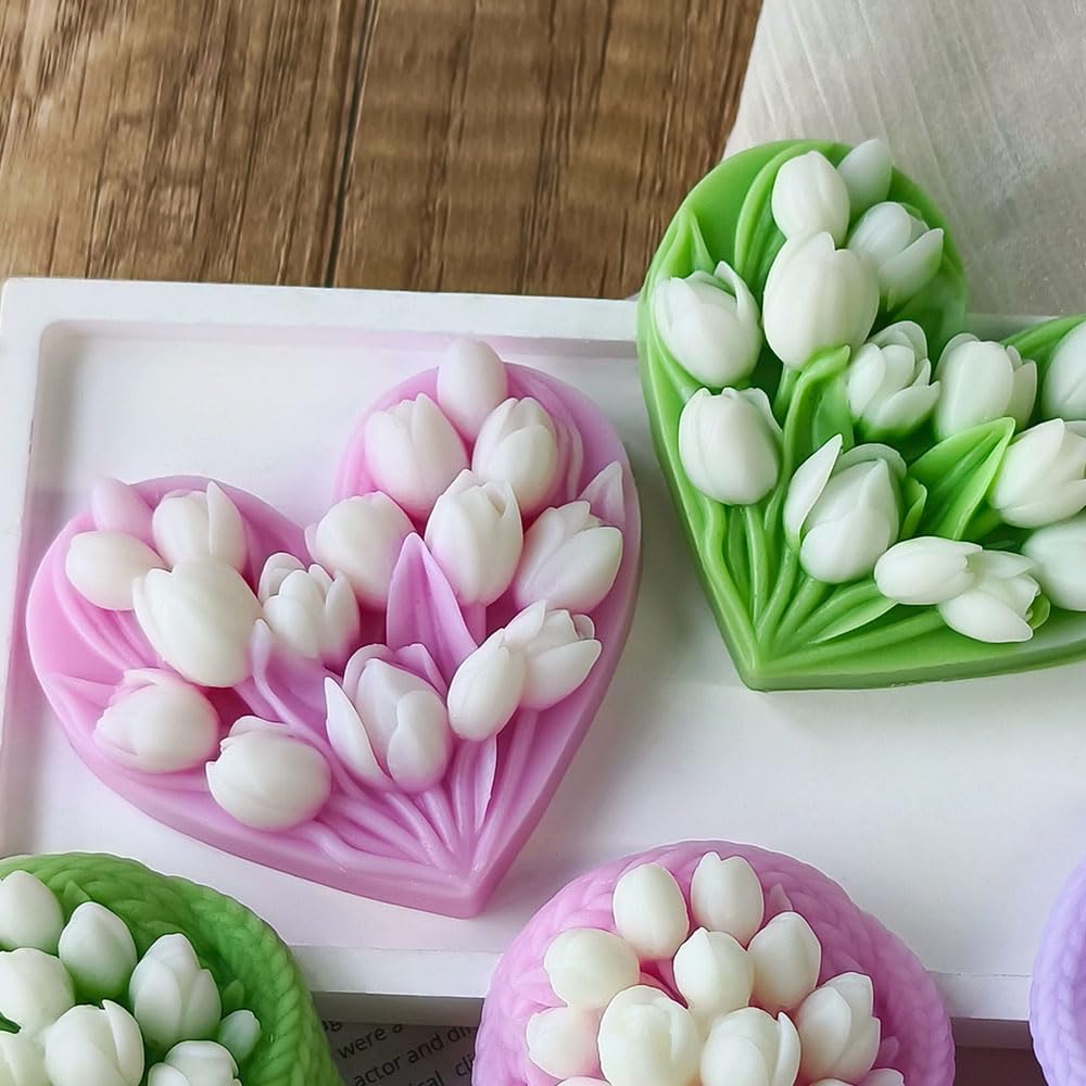 Moldes de silicona con forma de corazón y tulipán, moldes de silicona para manualidades, tulipanes florales, moldes de resina epoxi para flores, tulipán, chocolate, velas, jabón, suministros para