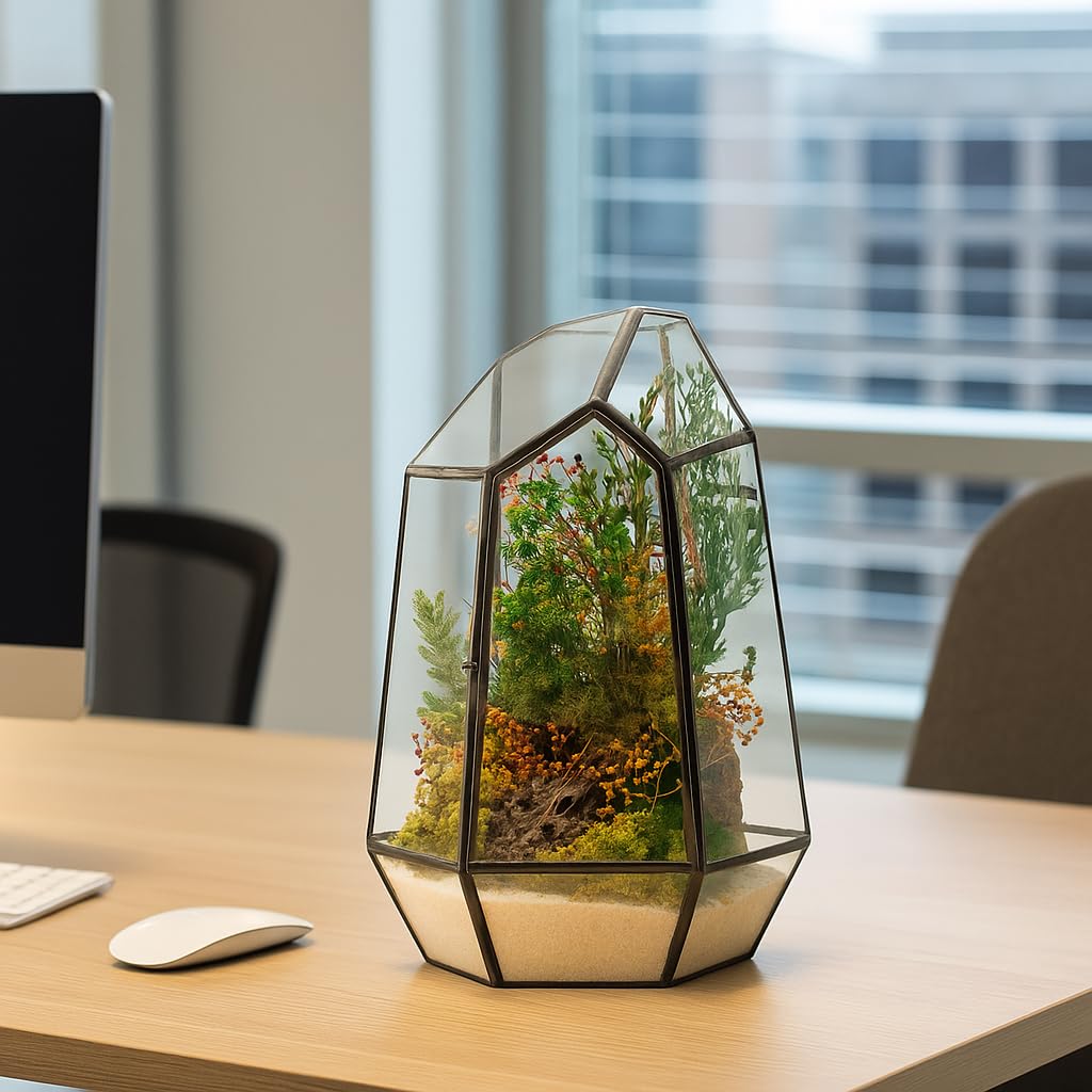 Terrario Stabilizzato Hyde in Vetro Forma Diamond, completi di Fiori e muschi Stabilizzati Arredo Naturale Elegante Senza Manutenzione per Casa, Ufficio e Idee Regalo Green