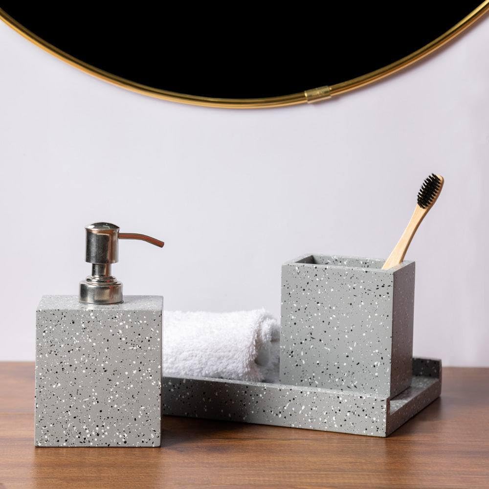 ESQ Living Luxury Baston Bathroom Accessories Set of 3 | Liquid Soap Dispenser and Toothbrush Holder Set with Tray | Sturdy Design & Speckled Pattern | Durable Material - Speckled Grey