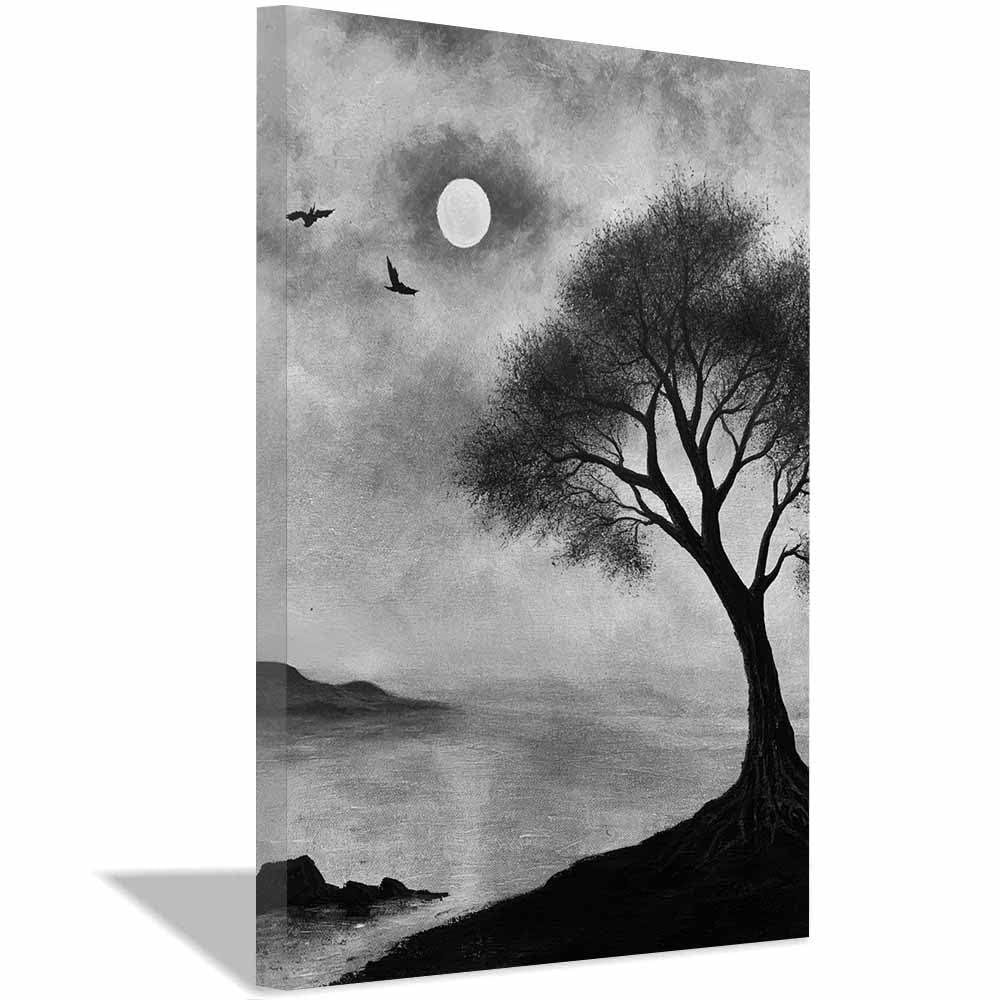 XENIOU Black And White Pictures Moon Lake Tree Ravens Art Canvas Wall Art, artwork for Bedroom Living Room Bathroom Office Home Decoration(Multicolor)-20x30cm Framed