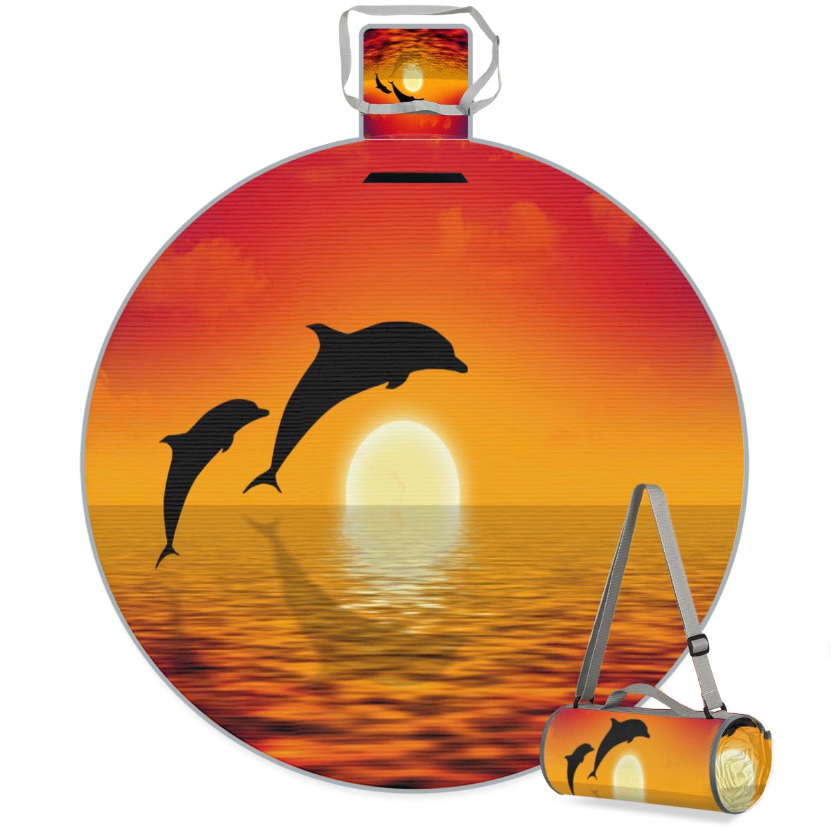 Shimoshe Sunset Dolphin Picnic Outdoor Blanket Foldable Waterproof Sandproof Beach Blanket Portable Water-Resistant Round Picnic Mat for Travel Camping Park Lawn