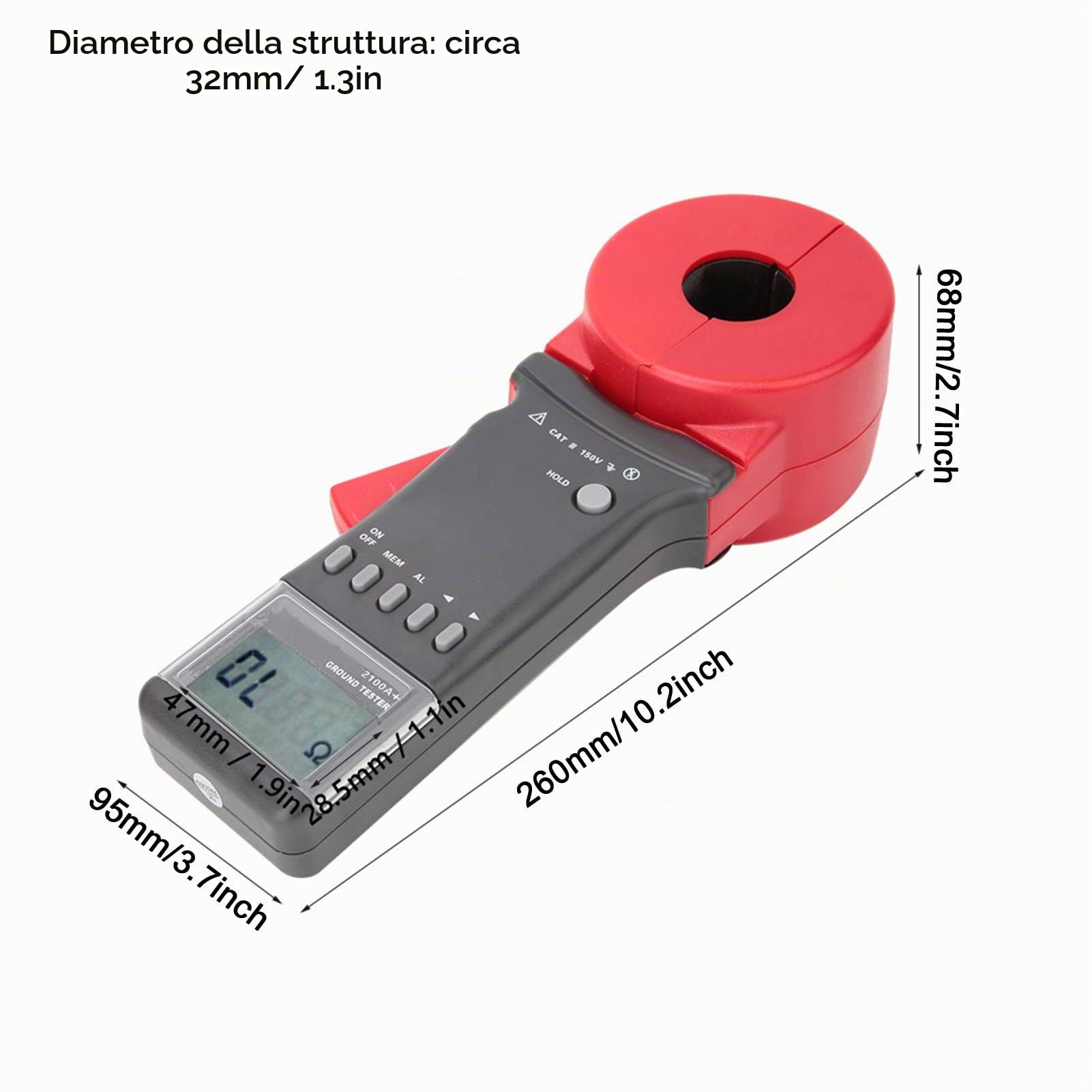 Pinza Amperometrica Digitale ETCR2100A+, Misuratore di Resistenza di Terra a Pinza con Display LCD, Tester di Resistenza 0,01-200Ω (Bocca Rotonda)
