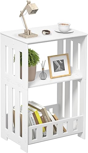 Miniatura 10 de Mesa auxiliar estrecha de 3 niveles, pequeña estantería estrecha blanca con estante de almacenamiento, pequeña mesa de libro para dormitorio, sala