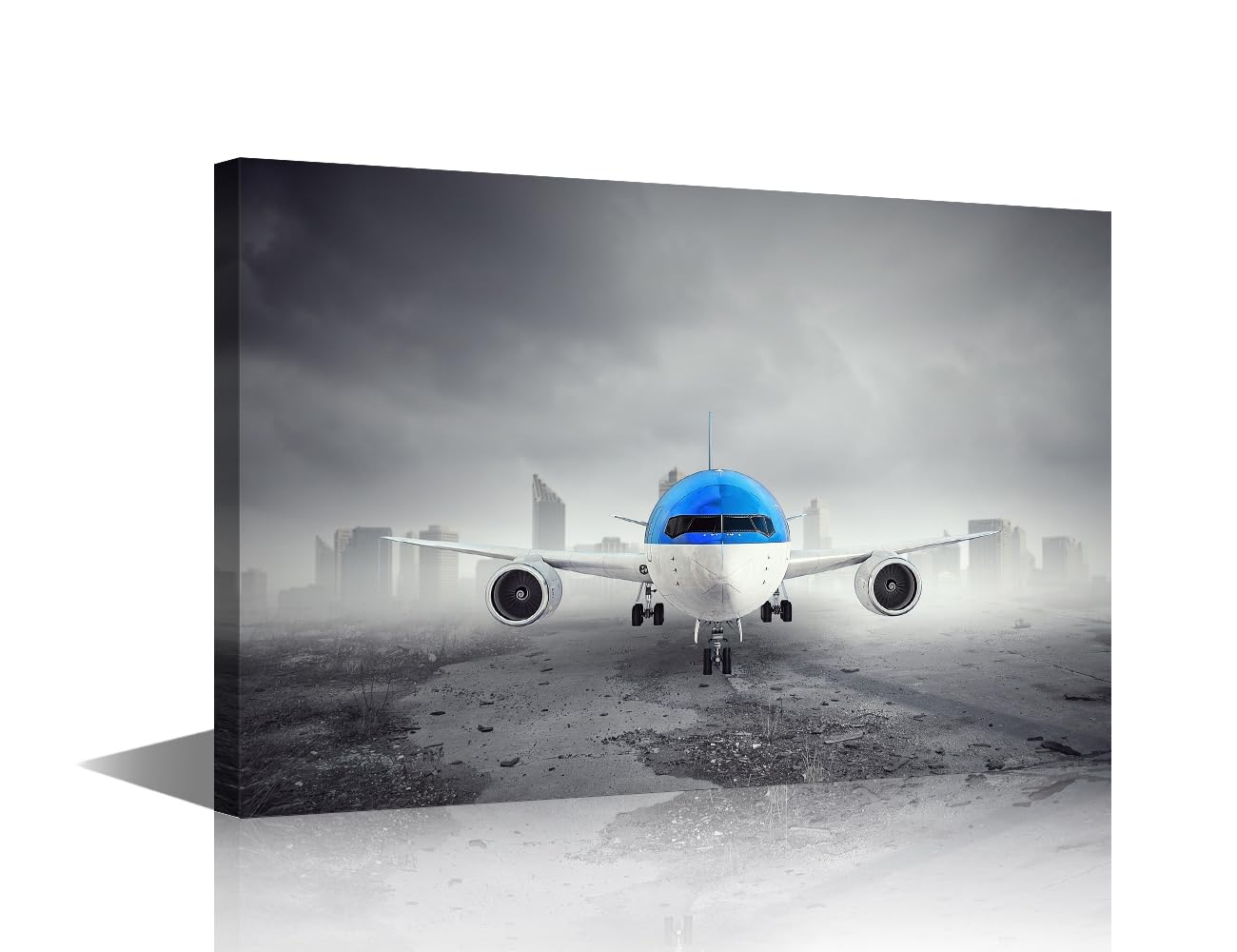 1 Panel Canvas Black and White Wall Art for Living Room Emergency Airplane Landing Paintings Blue Aircraft Artwork Contemporary Home Decor Giclee Framed Ready to Hang Posters and Prints(12"Wx18"H) โ image 1