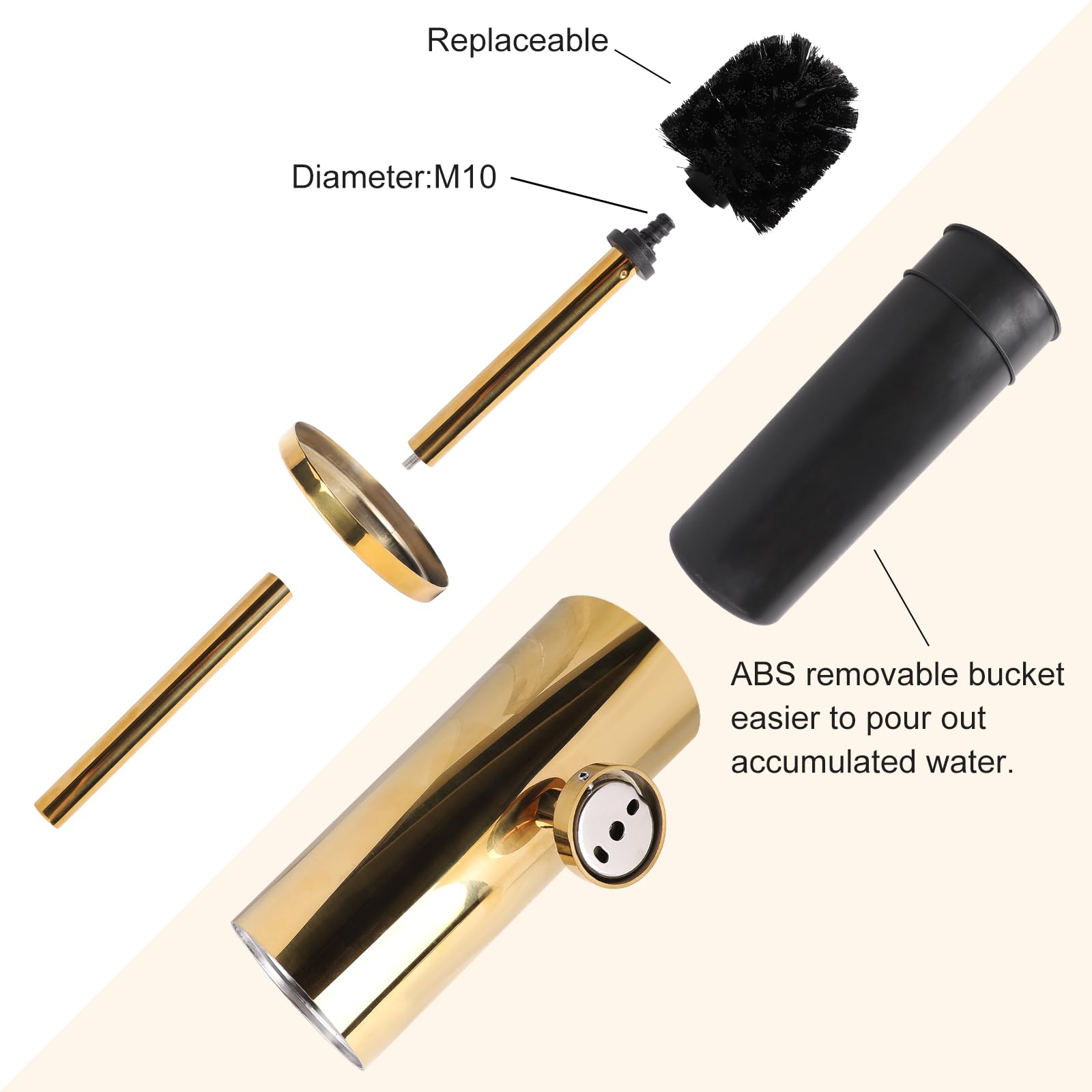 EXLECO Brosse Toilettes WC Mural Gold, Suspendu Balai INOX, Toilette WC avec 1 Têtes de Brosses, Balayette WC Kit et Supports sans Perçage, Porte Brosse WC, Nettoyage Salle de Bain Accessoire