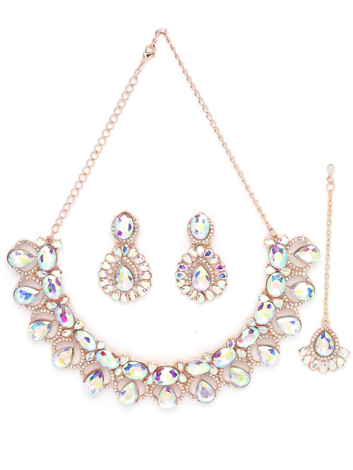 Sukkhi Comely Rose Gold Plated Rainbow Stones Collar Bone Necklace Set With Earring And Maangtika | Jewellery Set For Women (NS104992) (B0CBBBWWXN) Amazon Price History, Amazon Price Tracker