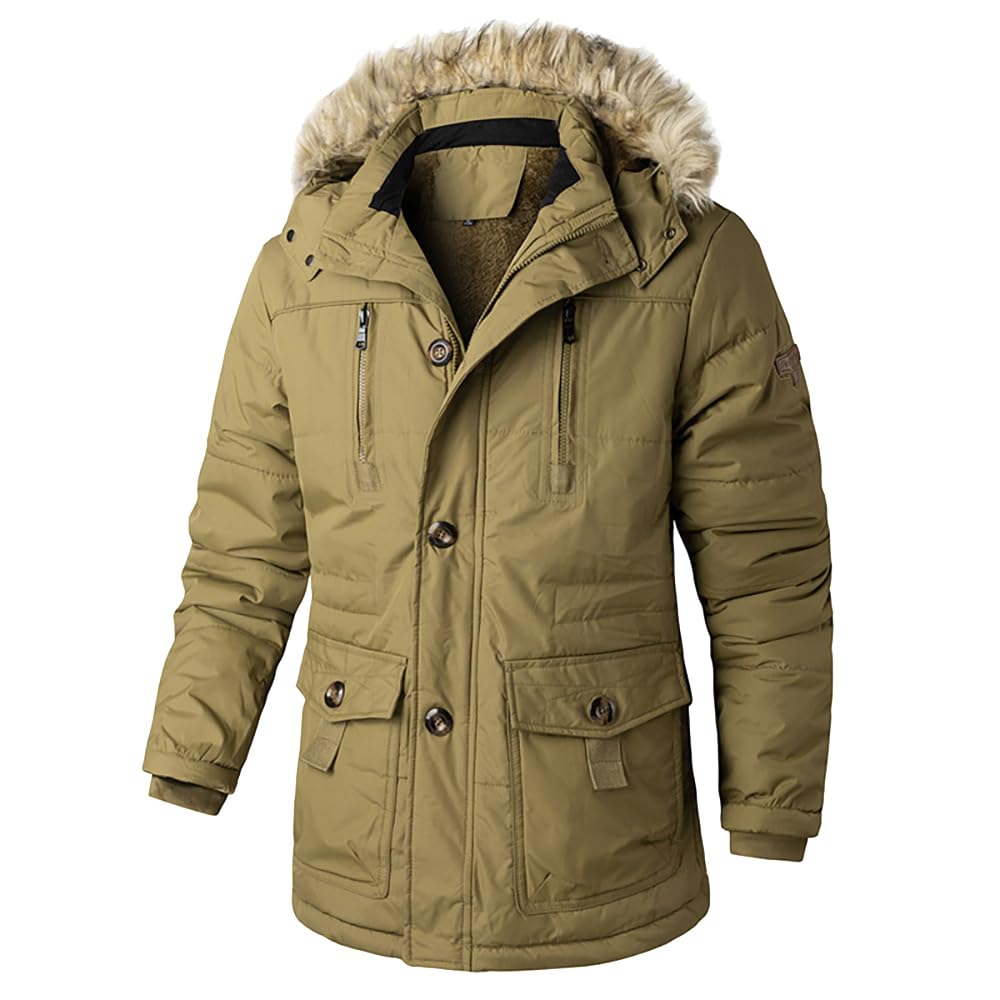 Parka larga para hombre con capucha de pelo extraíble, forro de terciopelo cálido, abrigo de invierno acolchado, chaqueta de entretiempo para exteriores