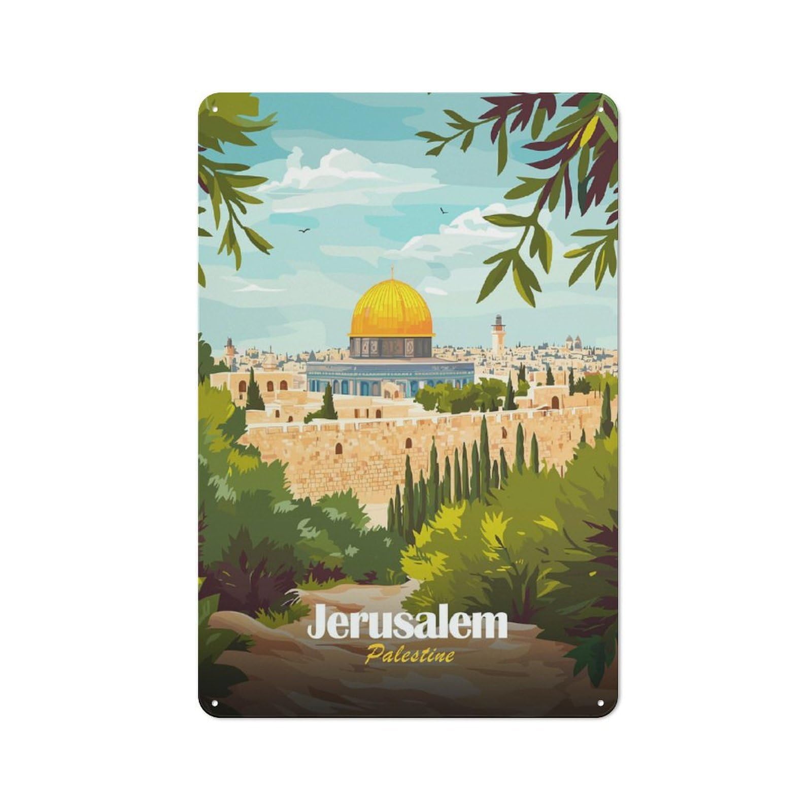 Junmoney Style-21 Jerusalem, Palestine Illustration Creative Metal Wall Decor 30X20cm, Decorative Metal Sign For Office, Study, Studio Or Hallway