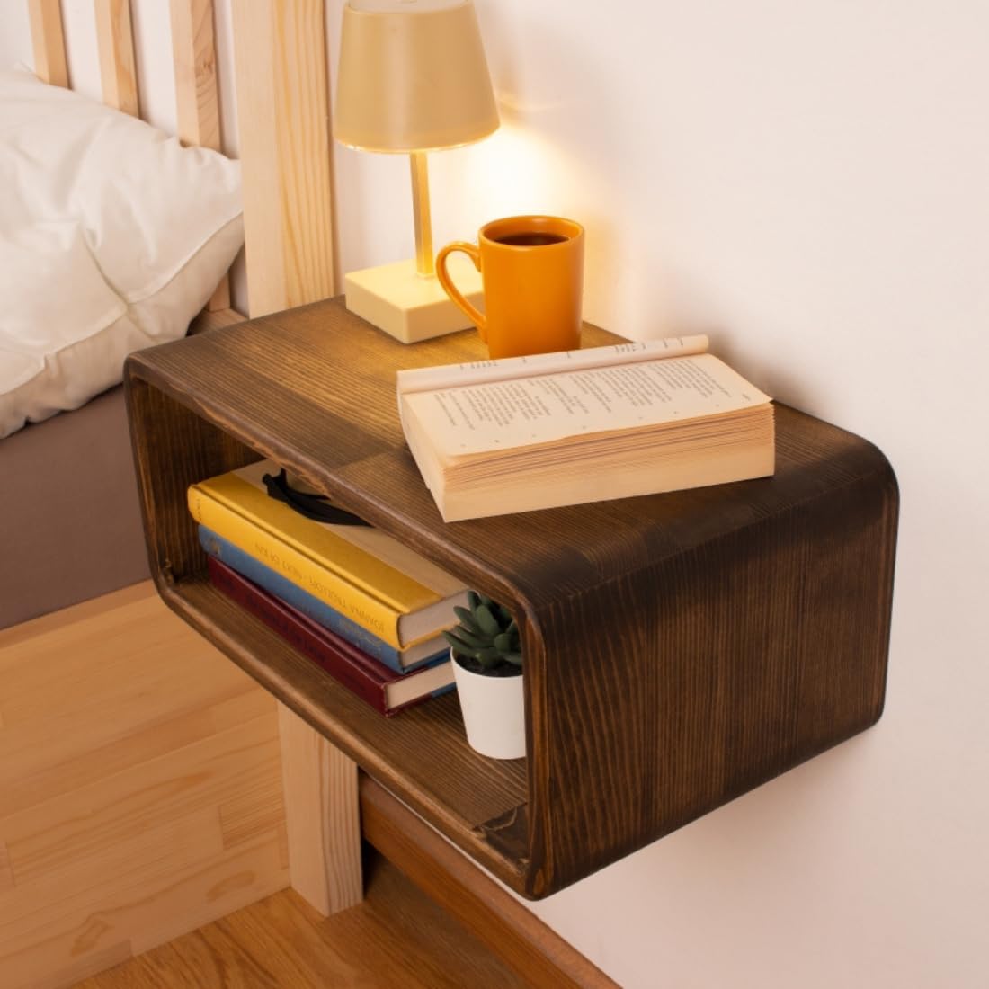 Craftware Curved Wooden Floating Nightstand, Bedside Table for Bedroom | Wooden Nightstand Lamp Table Handmade Bedside Table Modern Floating Nightstands (Walnut)-image-35