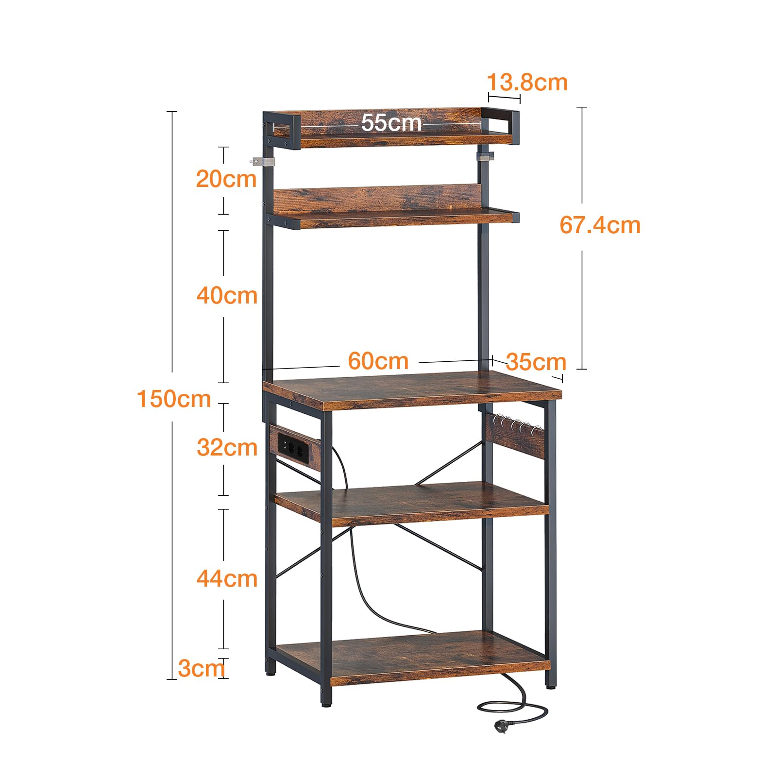 Coleshome Scaffale da Cucina con Prese Elettriche & Luci LED, Supporto per Forno a Microonde, Bar Caffè con 5 Ripiani e 5 Ganci, Struttura in Acciaio Industriale, 35x60x150 cm, Marrone Rustico