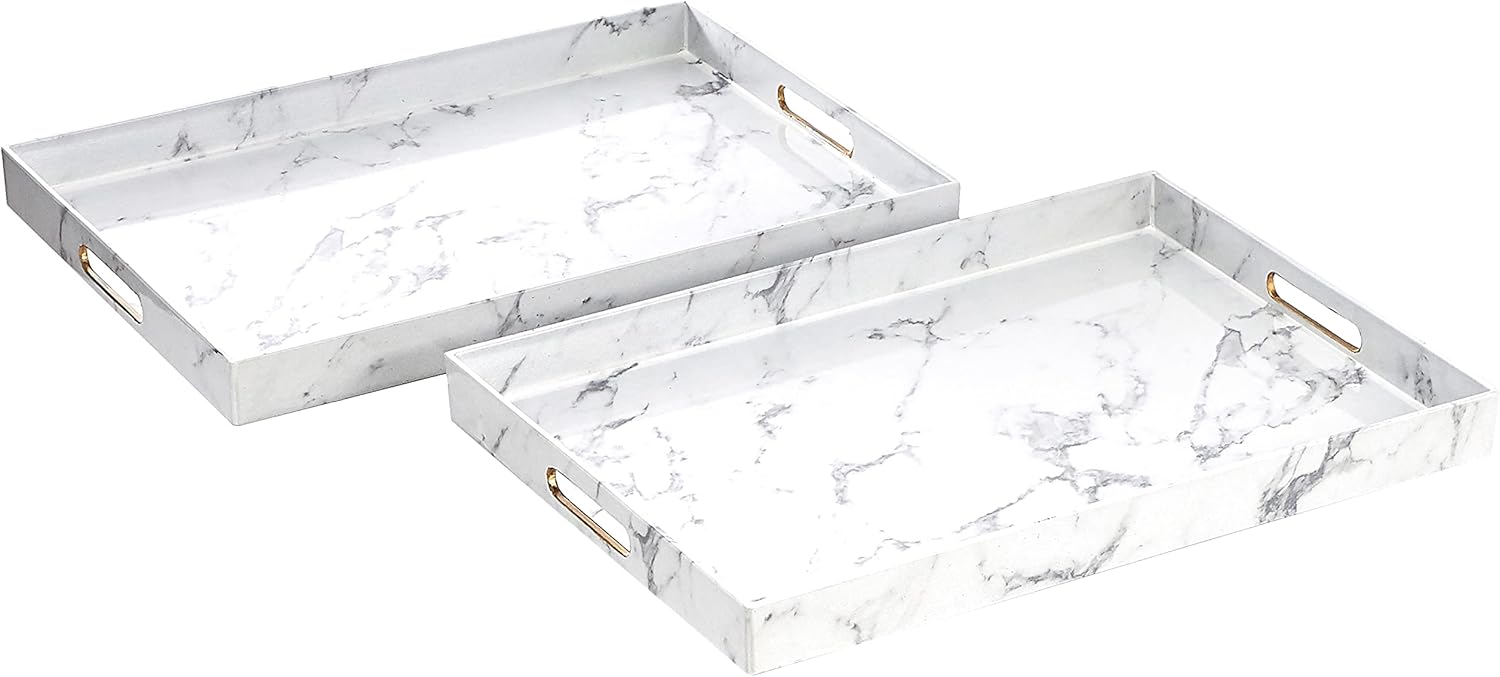 American Atelier Marble Rectangle Tray with Handles-White/Gray, 14" x 19" x 2", (1270527) 14" x 19" x 2" White