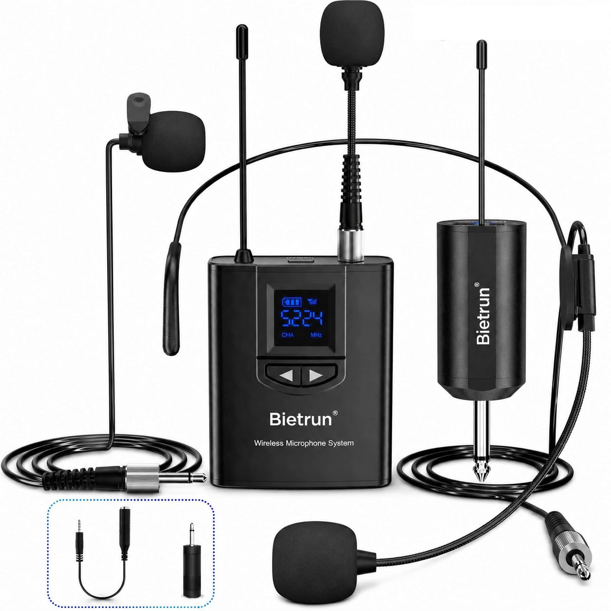 Bietrun UHF Wireless Lavalier Lapel Microphone System/Cuffia/Microfono con supporto, portata 165 piedi, trasmettitore ricevitore ricaricabile, uscita da 1/4", per iPhone, Android, altoparlante PA