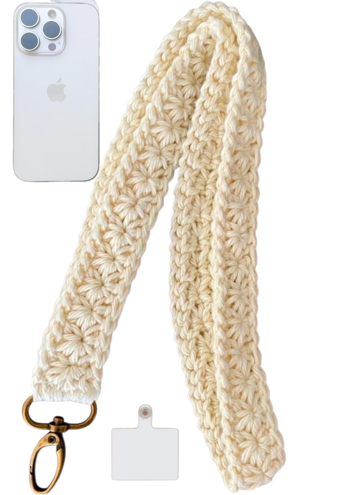 Handmade Crochet Phone Strap compatible with All Mobile Models, Cream Star Design Crossbody Lanyard with Universal Plastic Tether Tab and Metal Ring-image-42