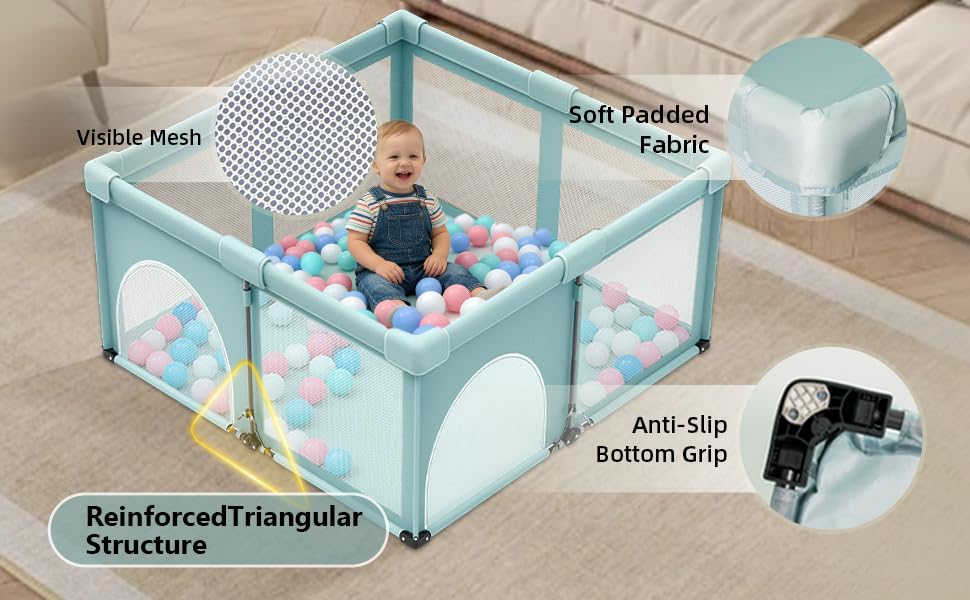Image of 50x50inch Foldable Baby Playpen for Babies and Toddlers | Baby play pen with 50 PCS Ocean Balls & 2 Handles, Indoor & Outdoor Kids Safety Play Pen Area, Portable Travel Play