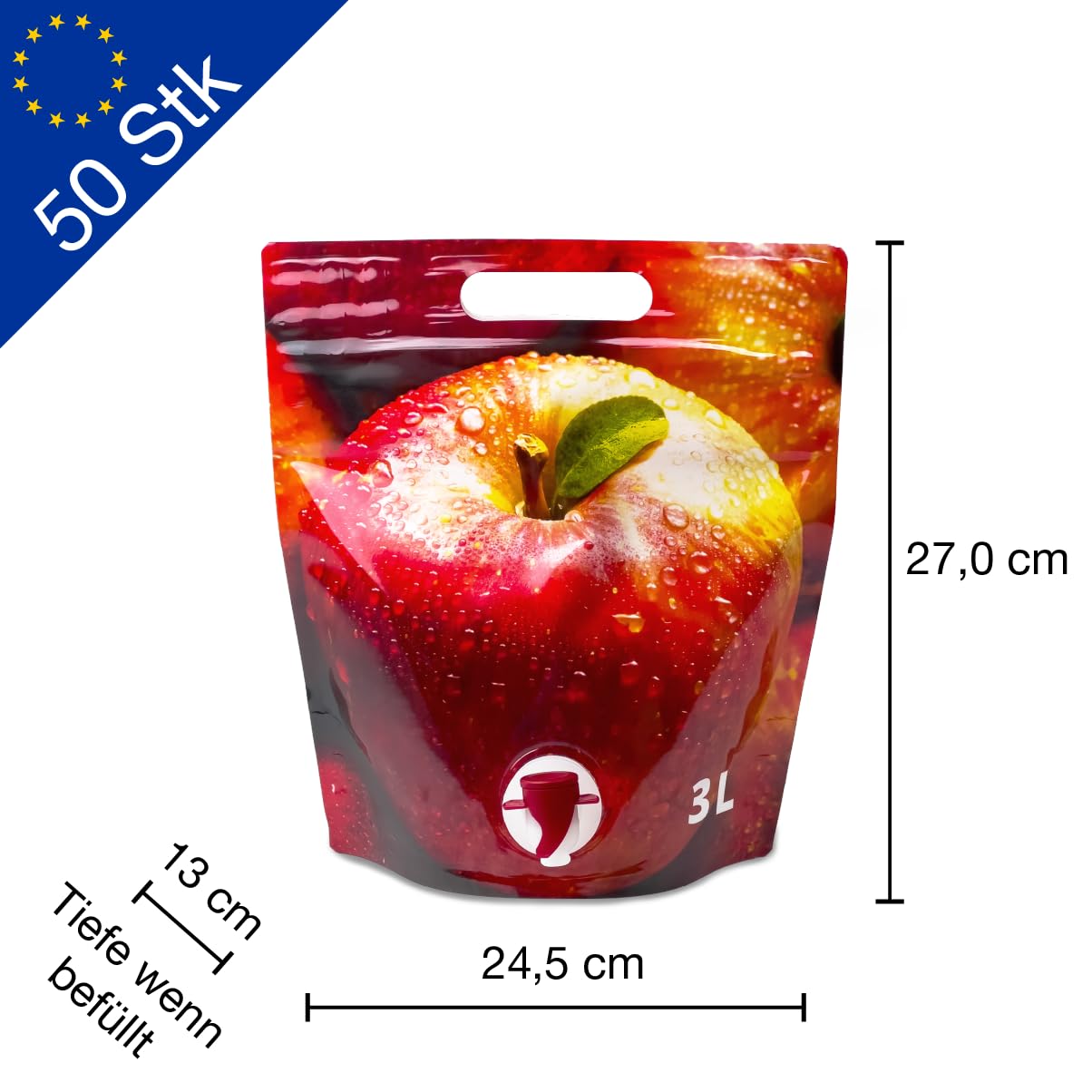 50 Stk. Standbeutel 3L mit Apfelmotiv – Bag in Box – Auslaufhahn & Tragegriff – BPA-frei – Ideal für Saft, Wein, Flüssigkeiten – Wiederverwendbarer Getränkebeutel