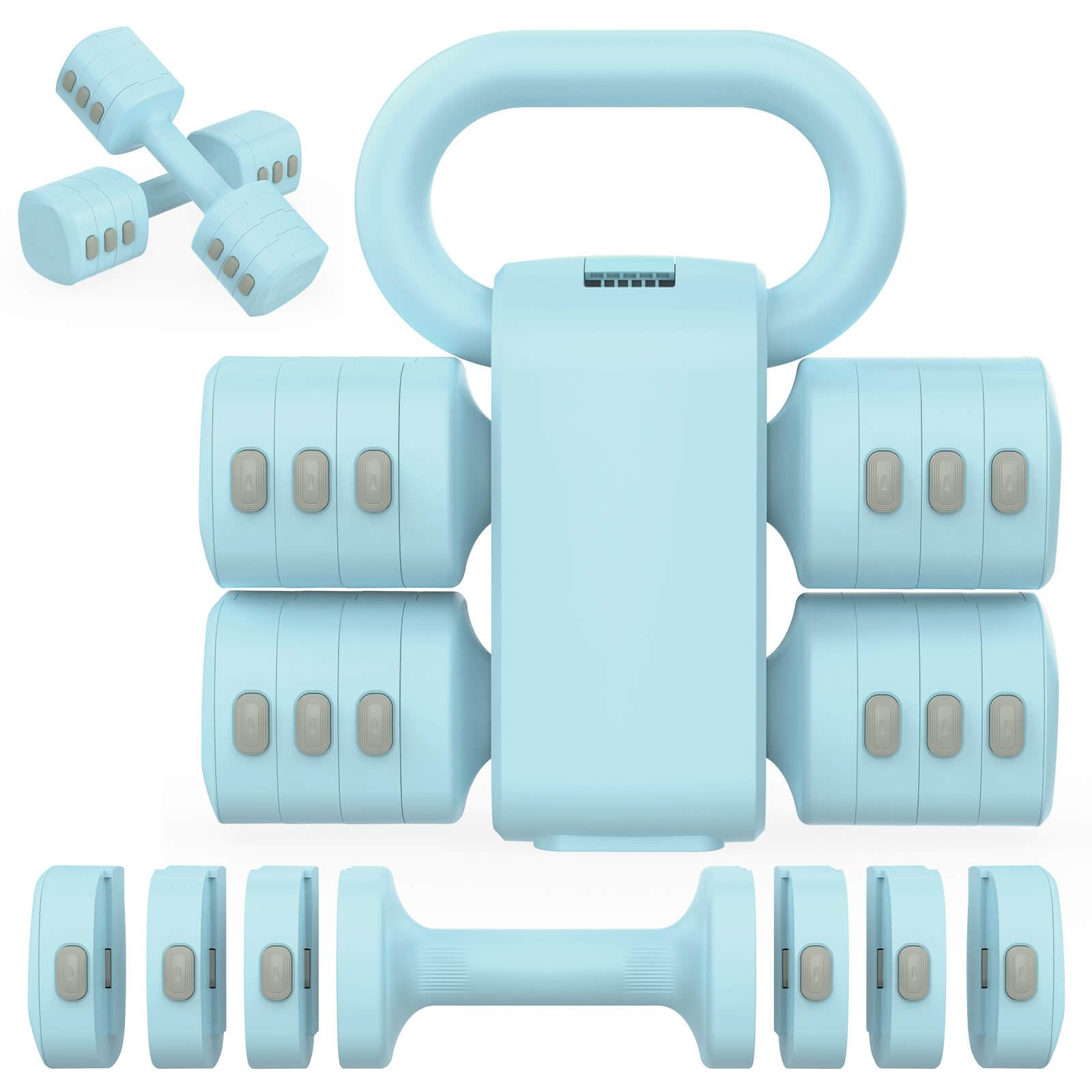 Tepemccu 2-in-1 Adjustable Dumbbells & Kettlebell Set, 4-Level (1-2.5kg) Home Gym Weights | All-in-One Strength Training Tool for Men & Women | Space Saving Free Weights for Full Body Workout (Blue)