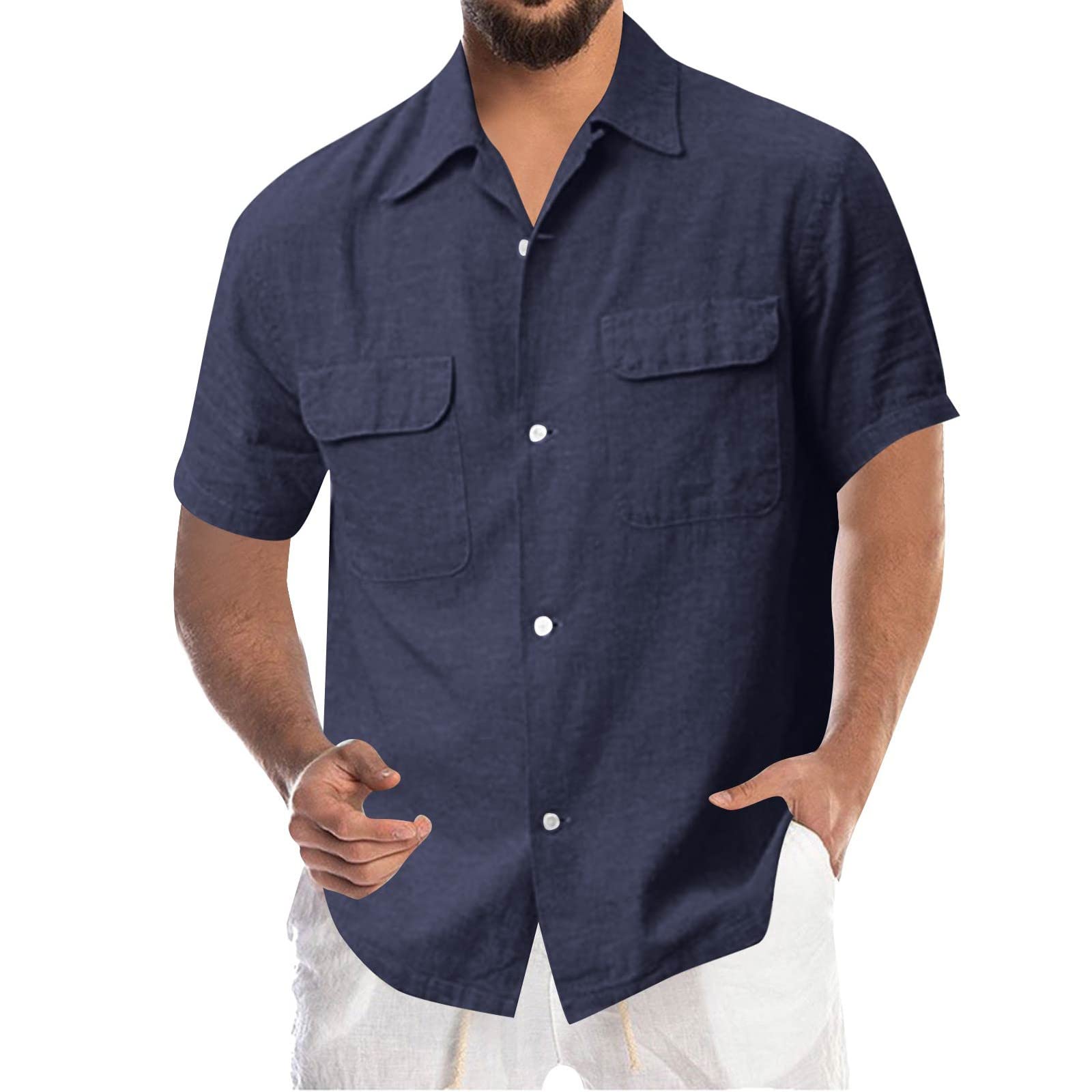 Generic Camisa de lino para hombre con 2 bolsillos, camisa de manga corta para hombre, camisa de algodón de lino de verano con bolsillo en el pecho, camisa de negocios, informal, transpirable, informal, corte