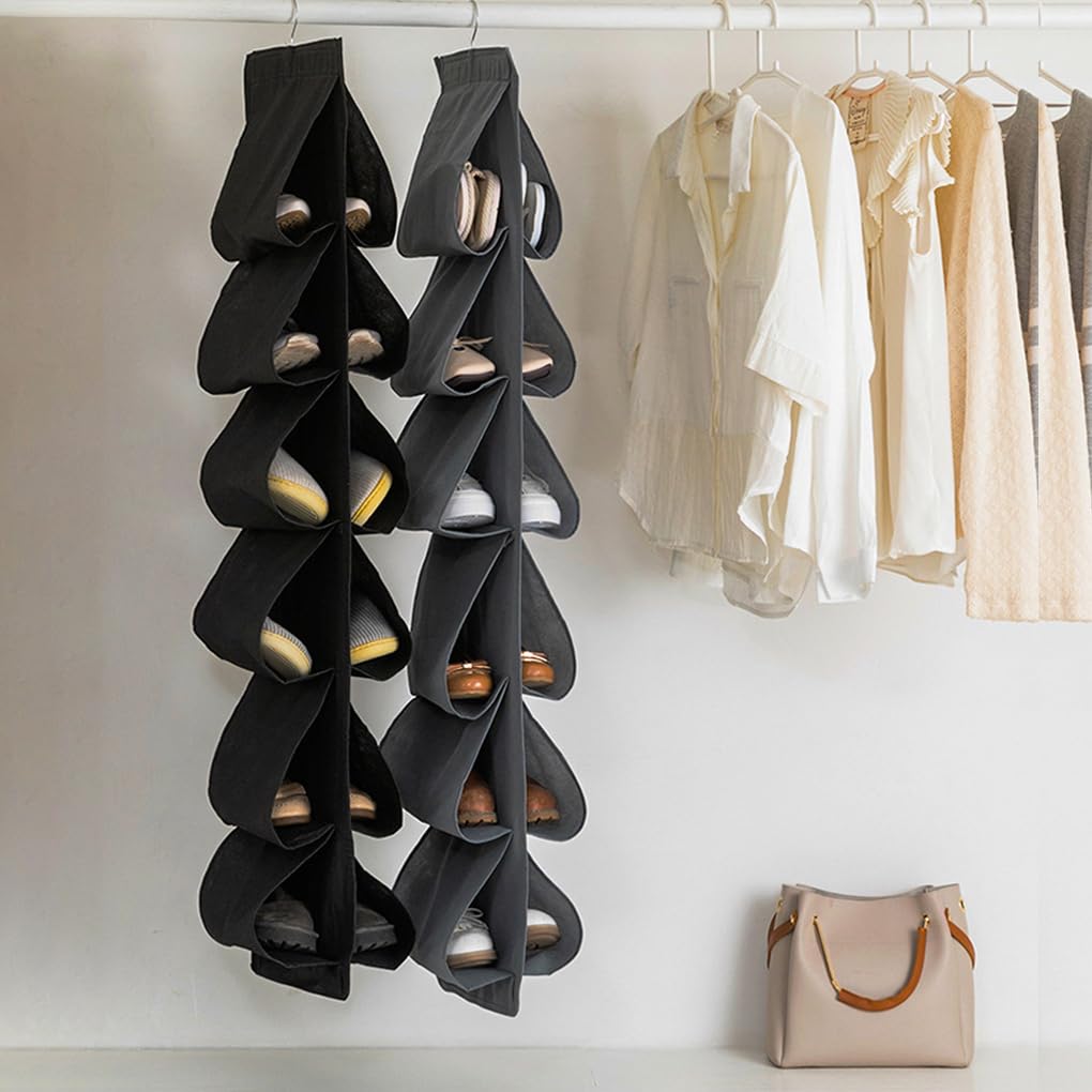 Juego de 5 zapateros para puerta con 12 bolsillos para zapatos deportivos, bolsa de almacenamiento transpirable, organizador de armario, color negro