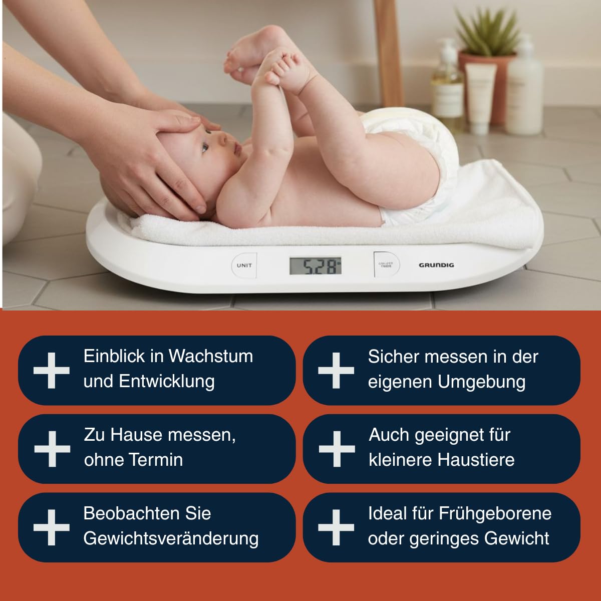 Grundig Babywaage Digital - Waage Max. 20 Kg - Personenwaage mit LED Anzeige - Baby Waage mit Tarafunktion und Display - Inkl. Batterien - Weiß