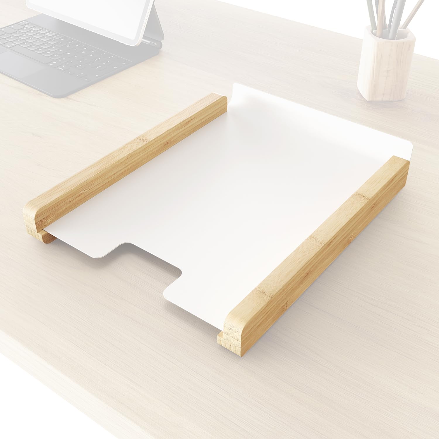 Document Storage & Desk Organizer Made of eco-Friendly FSC Bamboo Wood - Stackable Helper for Organization in Office, Desk, and workspace Made of Sturdy Solid White Metal - KD Essentials