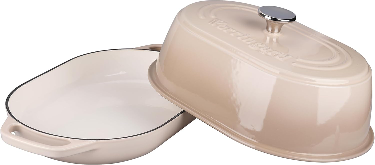 VORRINGARD Enameled Cast Iron Dutch Oven Pot with Dome Lid, Oval Bread Oven for Homemade Sourdough Bread Baking, Oven Safe up to 500°F, 6 Quart, Latte