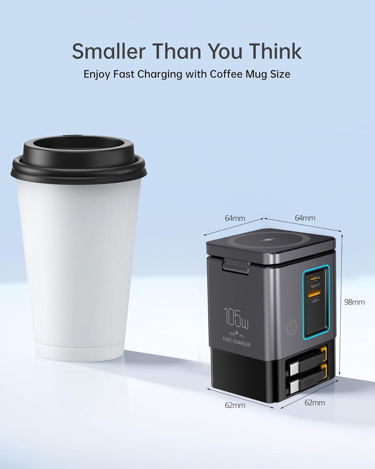 Retractable Charger with Wall Plug, 105W GaN 6-in-1 Charging Station with Magnetic Pad – MagSafe Compatible USB-C/Type-C Fast Charging Charger for iPhone, AirPods, MacBook - Image 6