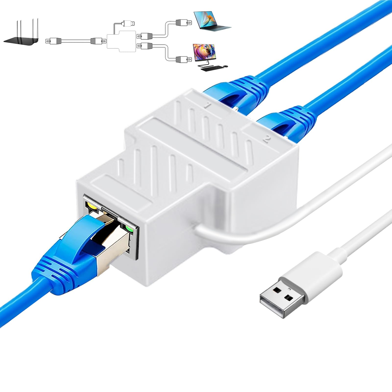 Pushua White Ethernet Splitter 1 to 2, 100Mbps LAN Splitter 1 in 2 Out(2 Devices Simultaneous Networking), Dual RJ45 Splitter Adapter with USB Power Cable, Internet Splitter for Cat5/5e/6/7/8 Cable