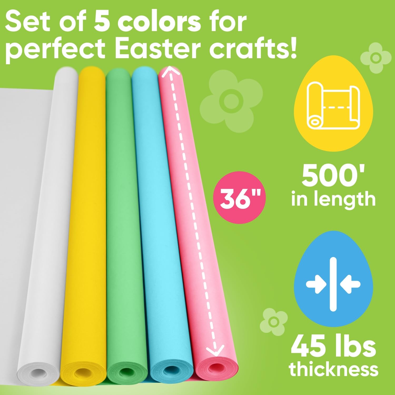 Juego de rollos de papel kraft de 36 x 1200 pulgadas (100 pies) para manualidades de Pascua, 45 libras, papel kraft rosa, azul claro, verde claro, amarillo, blanco, hecho en Estados Unidos,