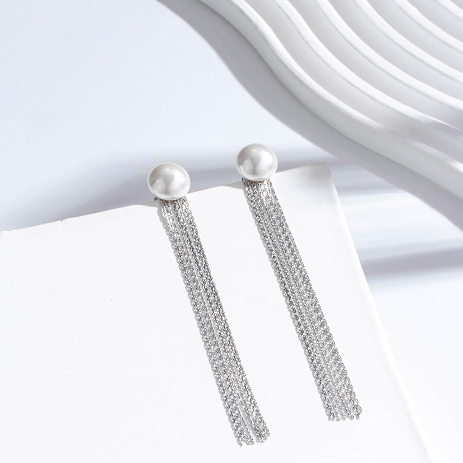 W WEILIRIAN Bohemian Pearl Ear Jacket Earrings Long Chain Tassel Earrings Pearl Stud Earrings Pearl Wedding Earrings Pearl Bead Earrings Front Back Earrings Jewelry for Women - Image 4