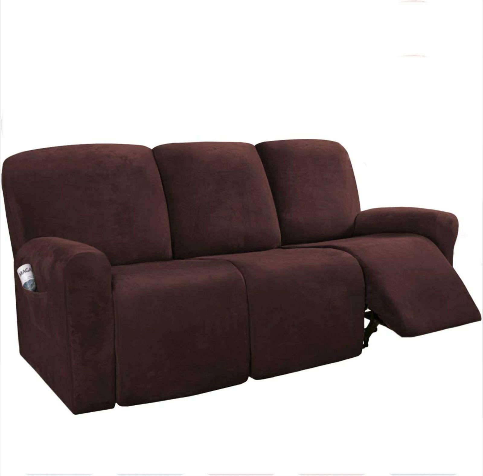 DOOGL 8-Pieces Recliner Sofa Covers Velvet Stretch Reclining Couch Covers For Recliner Furniture Protector 3 Cushion Sofa Slipcovers-brown