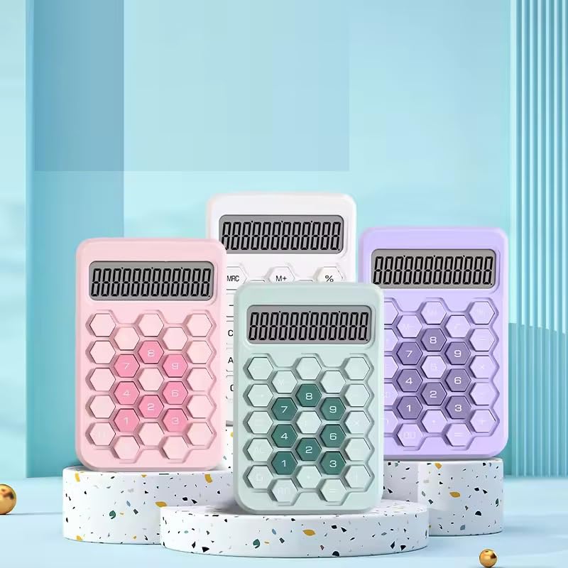 Image of Colorful Candy Mechanical Calculator - Cute 12 Digit Large LCD Display, Big Round Button, Easy to Press - for School, Office, Business, Home - Automatic Sleep (Multi-Color) (Design-4)
