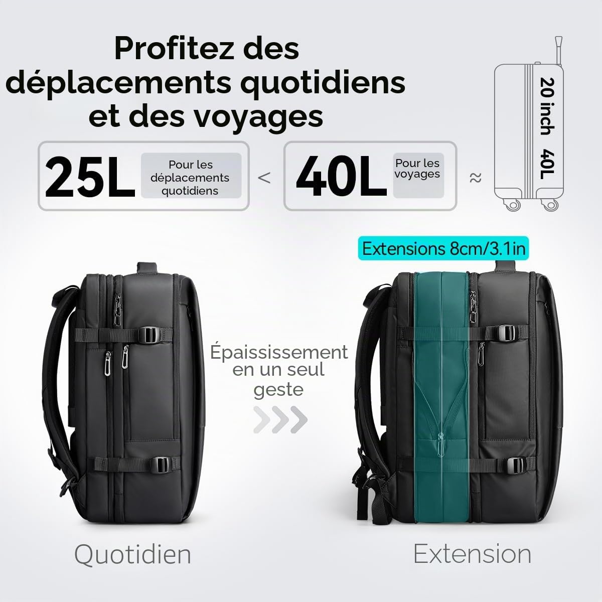 MARK RYDEN Sac à dos de voyage d'affaires de 30 à 45 l, sac à bandoulière étendu, sac à dos multifonction humide et sec, convient pour sac d'ordinateur de 17,3 pouces, sac à main, vert, 20(30)*31*48