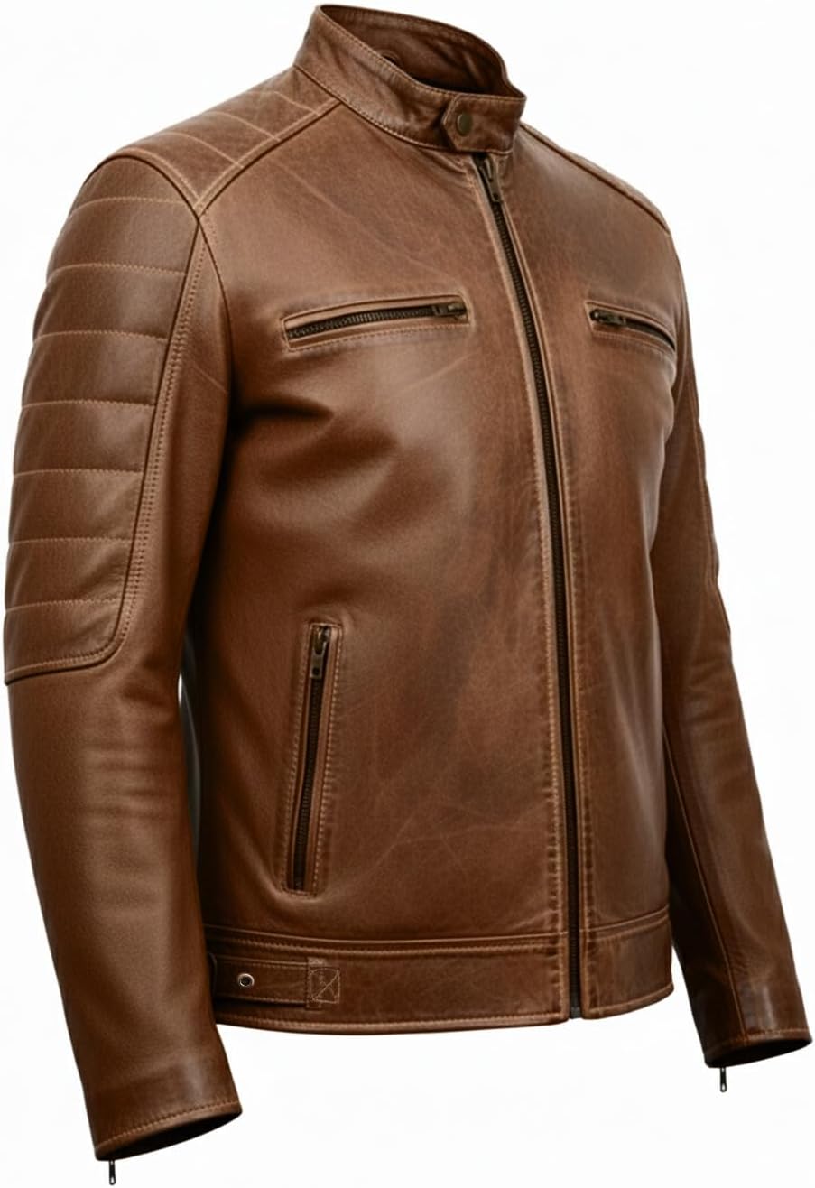 Mens Cafe Racer Brown Moto Biker Leather Jacket – Vintage Genuine Lambskin Quilted Motorcycle Jacket