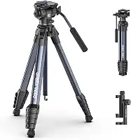ULANZI Ombra Video Ⅱ Tripé de câmera com cabeça fluida, tripé de viagem de 156 cm com placa de liberação rápida Arca girada em 360°, suporte portátil para câmera de telefone, gravação de vídeo por