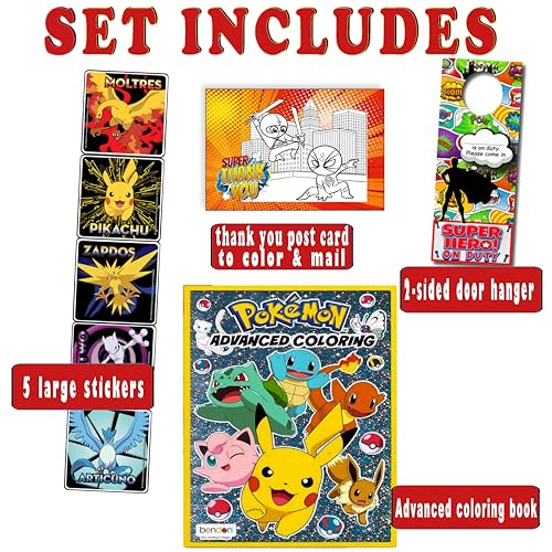 Image of Bendon Pokemon Advanced Coloring and Stickers Activity Set with Pokeman Advanced Coloring Book, Sticker Book, Pokeman Reward Stickers, 2-Sided Door Hanger