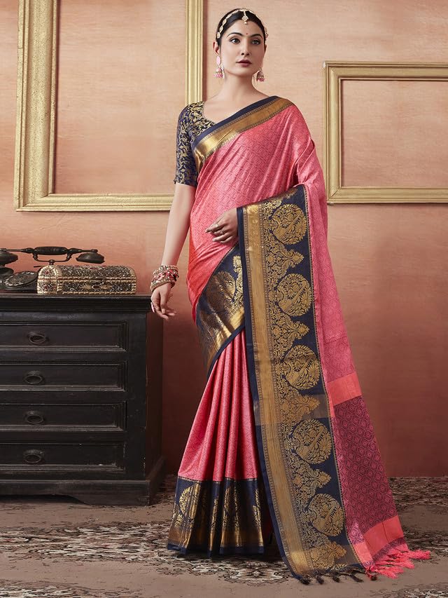 Satrani Women's Cotton Silk Dual Tone Dobby Weave Jacquard Border Saree With Unstitched Blouse Piece (3579S2511N_Punch Pink & Navy Blue)