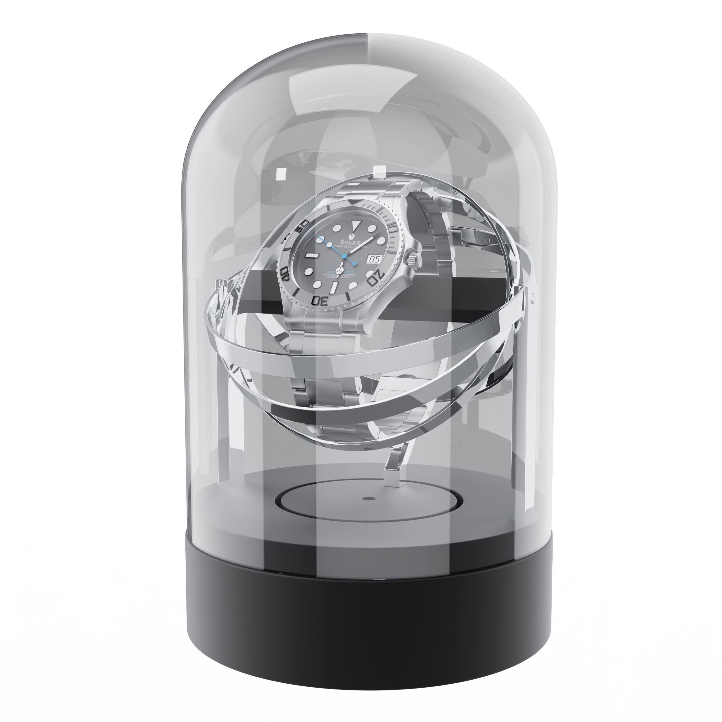 Elestoria Remontoir de montre Orbit - Remontoir de montre automatique avec couvercle en verre | Moteur silencieux, rotation gyroscope, boîte de remontoir mécanique de luxe, Argenté, Rétro