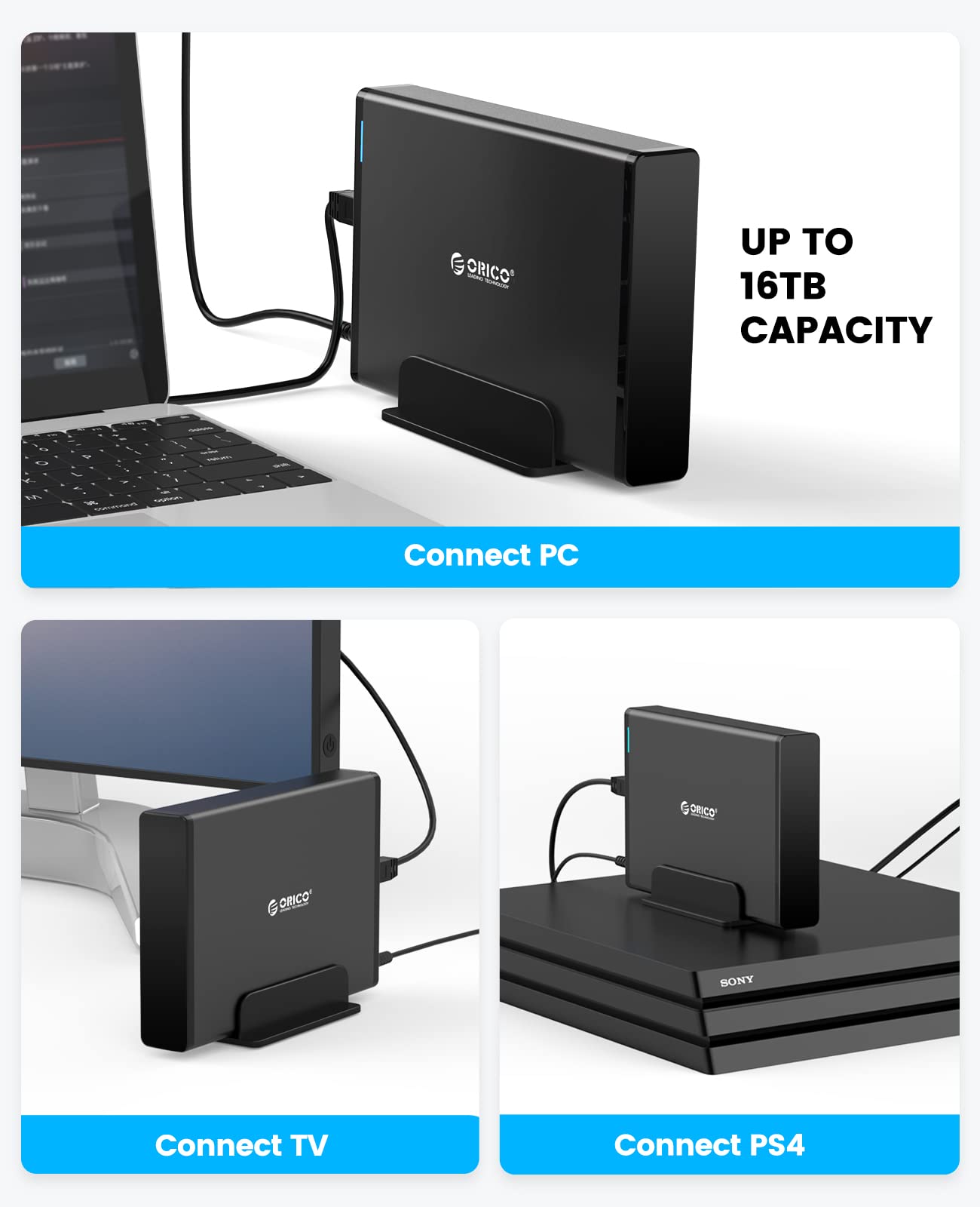 ORICO 3,5 cala zewnętrzna obudowa dysku twardego ze zdejmowaną obudową USB 3.0 na SATA 3.0 5Gbps do SATA 3,5 cala HDD z zasilaczem 12 V 2 A adapter (maks. 16 TB , niebieski wyświetlacz)