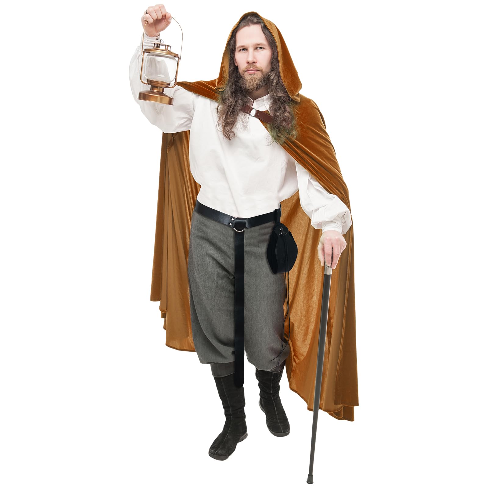 CNVAUIE Renaissance Snapback Hooded Coat Medieval Costumes Men's Witch Halloween Costumes Hooded Coat (Brown Set) - Image 2