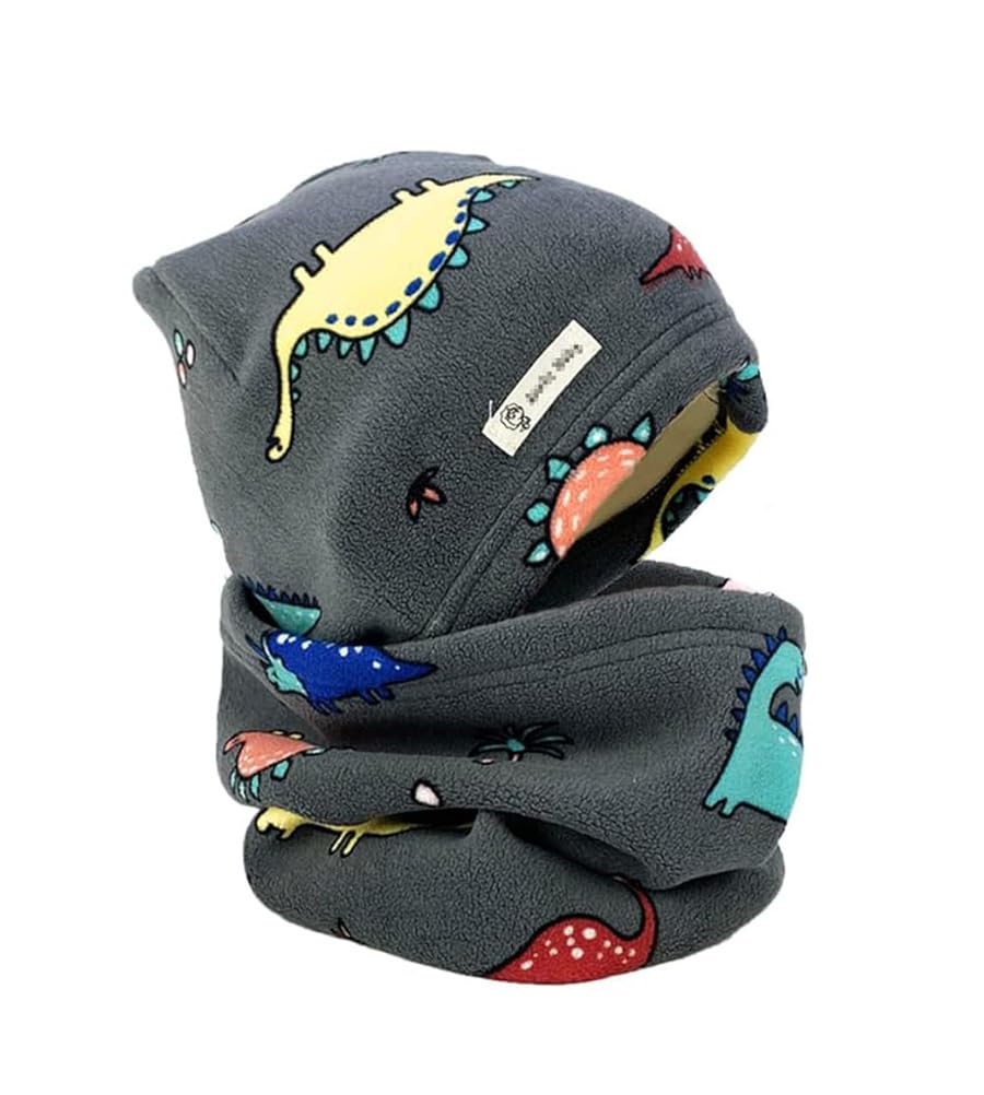 MMXX Baby Boys Winter Beanie Hat Loop Scarf Set Toddler Kids Fleece Warm Hats Neck Warmer Scarves Outdoor Headwear (Gray Dinosaurs, 6-24 Months)