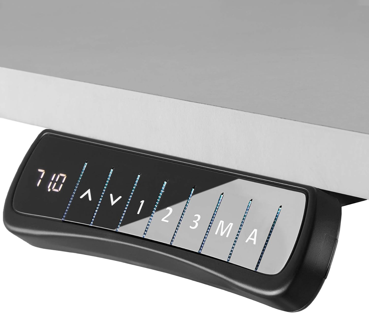 Close-up of the table frame's control panel, showing illuminated buttons for up/down adjustment, memory presets (1, 2, 3), and a memory set button (M).