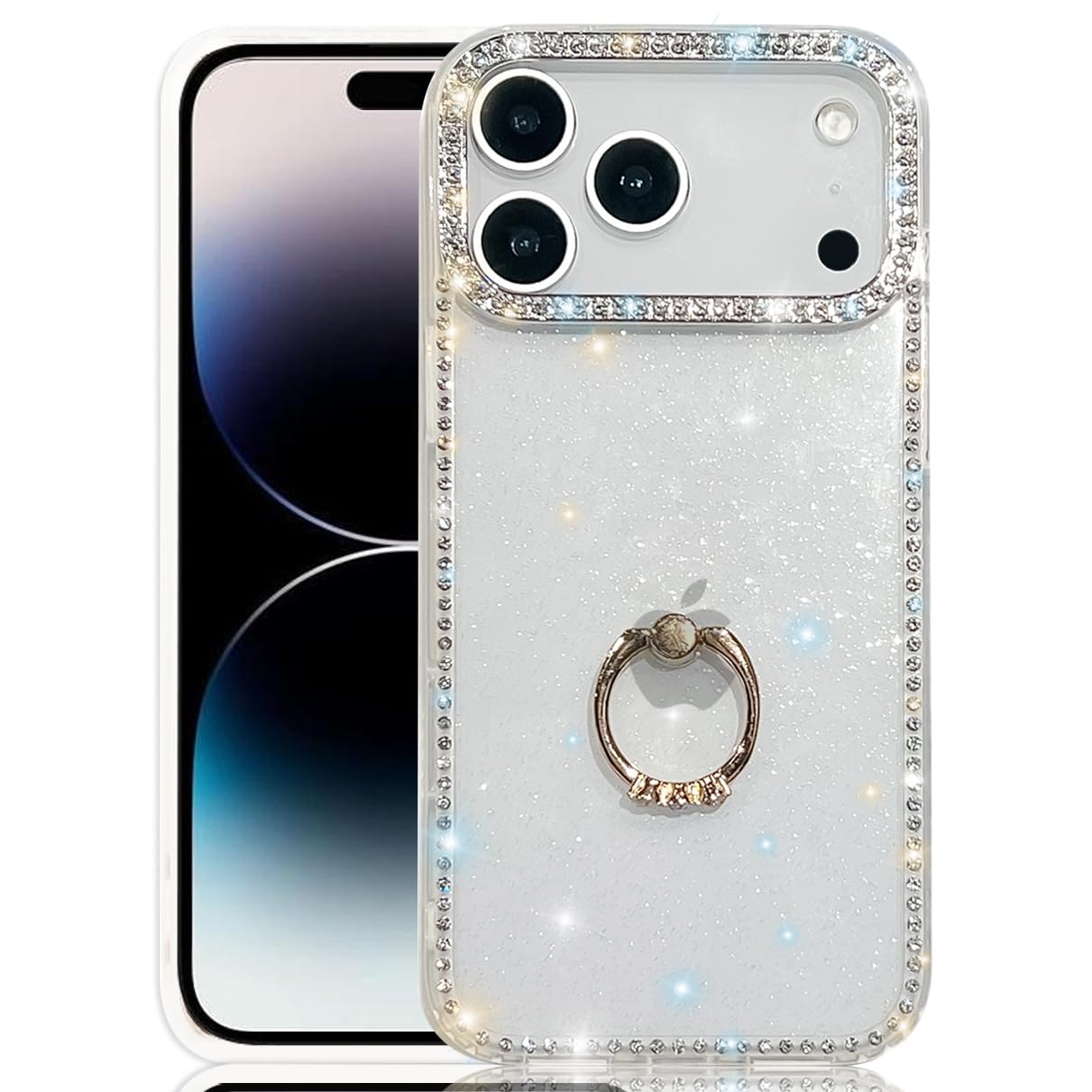 YUYIB iPhone 17 Pro 用 クリアケース リング付き ケース ドリル きらきら ブリンブリン かわいい スタンド機能 おしゃれ キャラクター 軽量 薄型 衝撃吸収 女性人気 ストラップ穴あり スマホケース アイホン 17プロ 透明カバー (クリア)