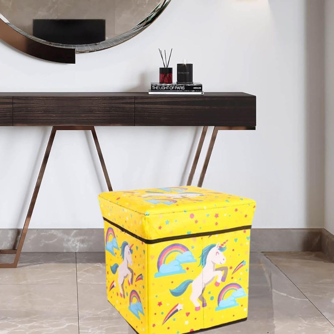 STORIA Multi-Functional Folding Storage Ottoman Box Organizer Cum Stool with Seat Cushion, Storage Boxes for Toys for Kids, Storage Boxes for Clothes (Unicorn Yellow Design, 30D x 30W x 30H cm)