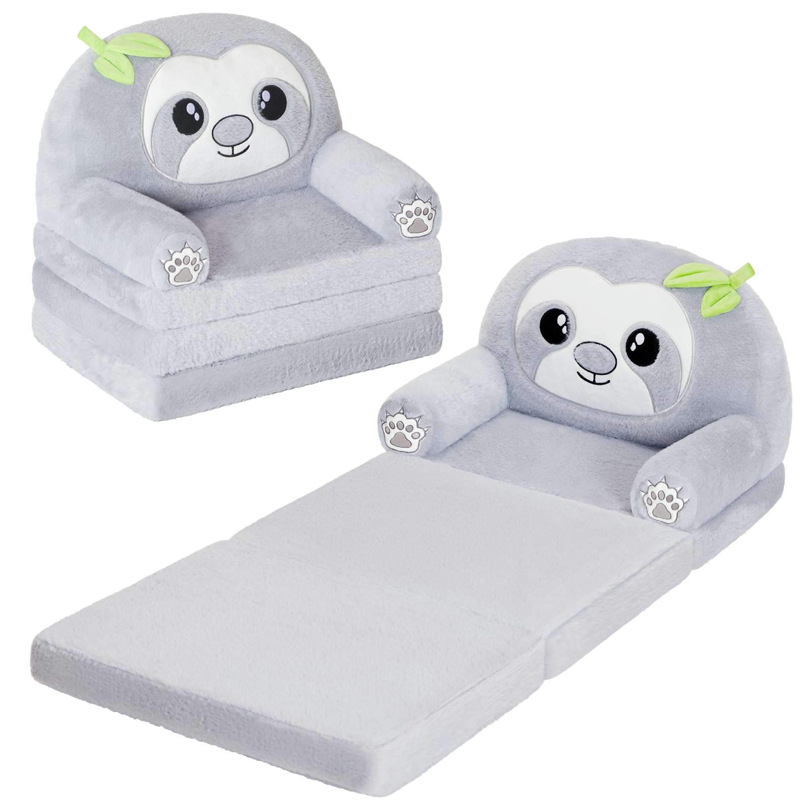 Kids Couch Fold Out, Velvet 2-in-1 Flip Open Couch for Toddlers, Comfy Toddler Chair for Reading and Napping, for Boys and Girls (Sloth)
