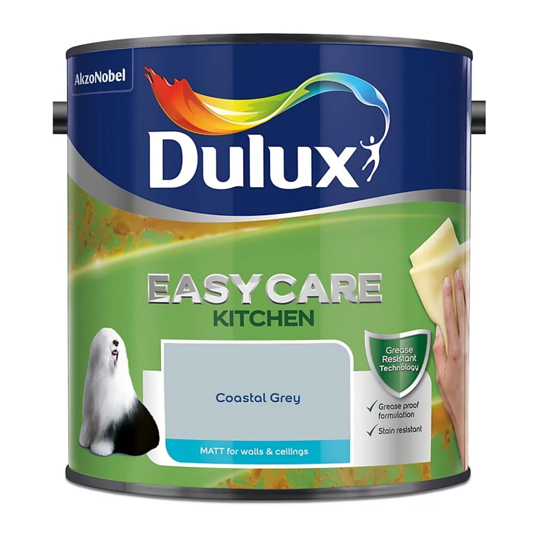 Coastal Grey Dulux Easycare Kitchen Matt Emulsion Paint 2.5L – Grease & Stain Resistant, Washable Matt Finish, Durable Interior Paint for Kitchen Walls & Ceilings